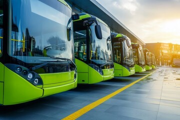 Obraz premium Electric buses at a modern urban station a clean and eco friendly city transportation scene