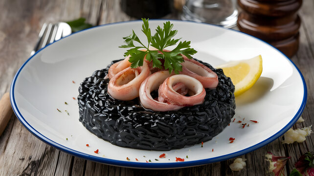A plate of risotto al nero di seppia, made with squid ink and served with a garnish of fresh parsley and a wedge of lemon.  