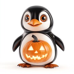 Fototapeta premium A Halloween penguin with a pumpkin-shaped belly, cute and festive, isolated on white background
