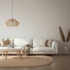 Minimalist living room interior, white sofa, wooden coffee table, pampas grass in vase, geometric pendant light, beige rug on wooden floor, white walls, modern scandinavian design