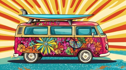Psychedelic Retro Hippie Van with Vibrant Floral Design on Sunny Landscape