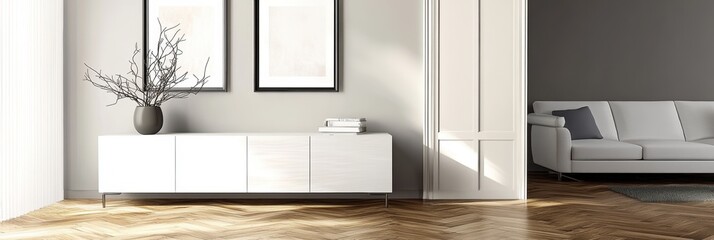 interior design, modern living room, white sofa, wood flooring in geometric pattern, white sideboard cabinet, minimalist decor, framed artwork on wall, vase and branches decor, soft natural lighting