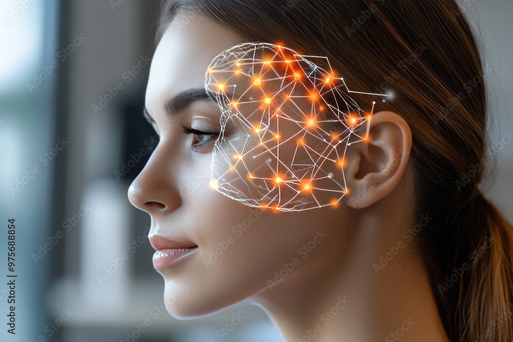 Poster a side profile of a woman with her neural pathways illuminated in bright orange lights highlighting 