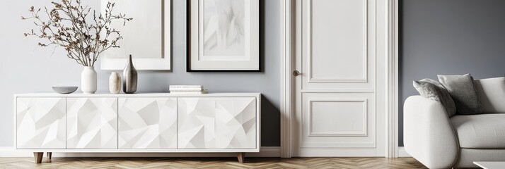 interior design, modern living room, white sofa, wood flooring in geometric pattern, white sideboard cabinet, minimalist decor, framed artwork on wall, vase and branches decor, soft natural lighting