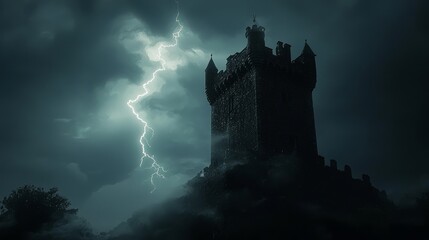 Enigmatic Dark Castle Tower Revealed in Stormy Lightning Flashes