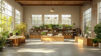 Fototapeta premium Modern Workplace Oasis: Light-filled Corporate Office with Greenery, Organized Desks, and Premium Tools