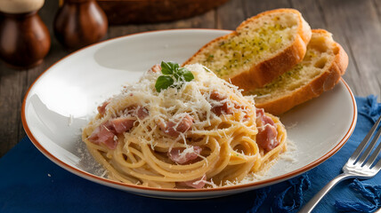 Fototapeta premium A serving of spaghetti carbonara with crispy pancetta, egg yolk, and Parmesan cheese, served with a side of garlic bread. 