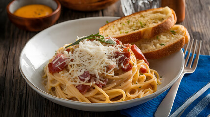 Fototapeta premium A serving of spaghetti carbonara with crispy pancetta, egg yolk, and Parmesan cheese, served with a side of garlic bread. 