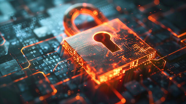 Padlock on mainboard computer, internet information privacy network security, data protection.