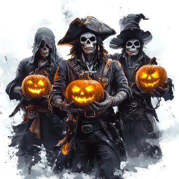 A ghostly pirate crew holding glowing jack-o'-lanterns, Halloween theme, eerie and mysterious, isolated on white background