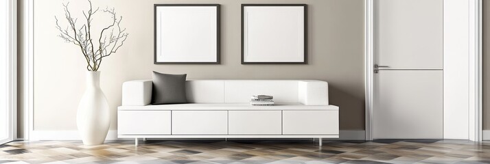 interior design, modern living room, white sofa, wood flooring in geometric pattern, white sideboard cabinet, minimalist decor, framed artwork on wall, vase and branches decor, soft natural lighting