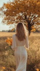 Woman in a white dress holds autumn leaves while walking in a golden field at sunset