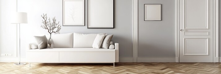 interior design, modern living room, white sofa, wood flooring in geometric pattern, white sideboard cabinet, minimalist decor, framed artwork on wall, vase and branches decor, soft natural lighting
