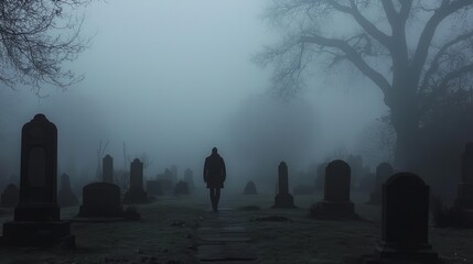 Eerie Figure in Misty Cemetery - Spooky Walk Among Tombstones in Foggy Graveyard