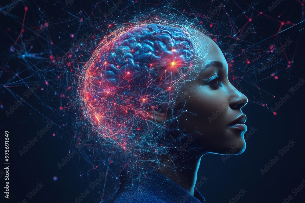 Poster a digital abstract portrait of a woman with a glowing neural network illuminating her brain symboliz