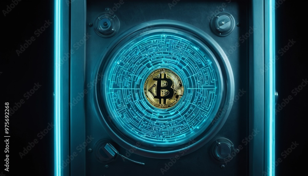 Poster a bitcoin coin is centered within a highly detailed, futuristic digital vault, surrounded by a glowi