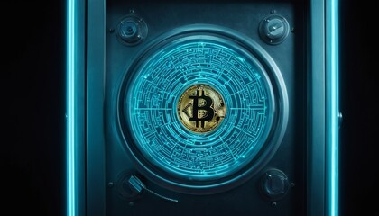 A Bitcoin coin is centered within a highly detailed, futuristic digital vault, surrounded by a glowing blue maze-like design. The image symbolizes the secure and innovative nature of cryptocurrency in