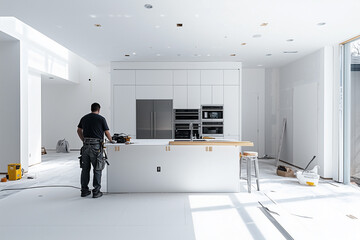 Construction worker in a modern kitchen during renovation, working on a sleek countertop installation