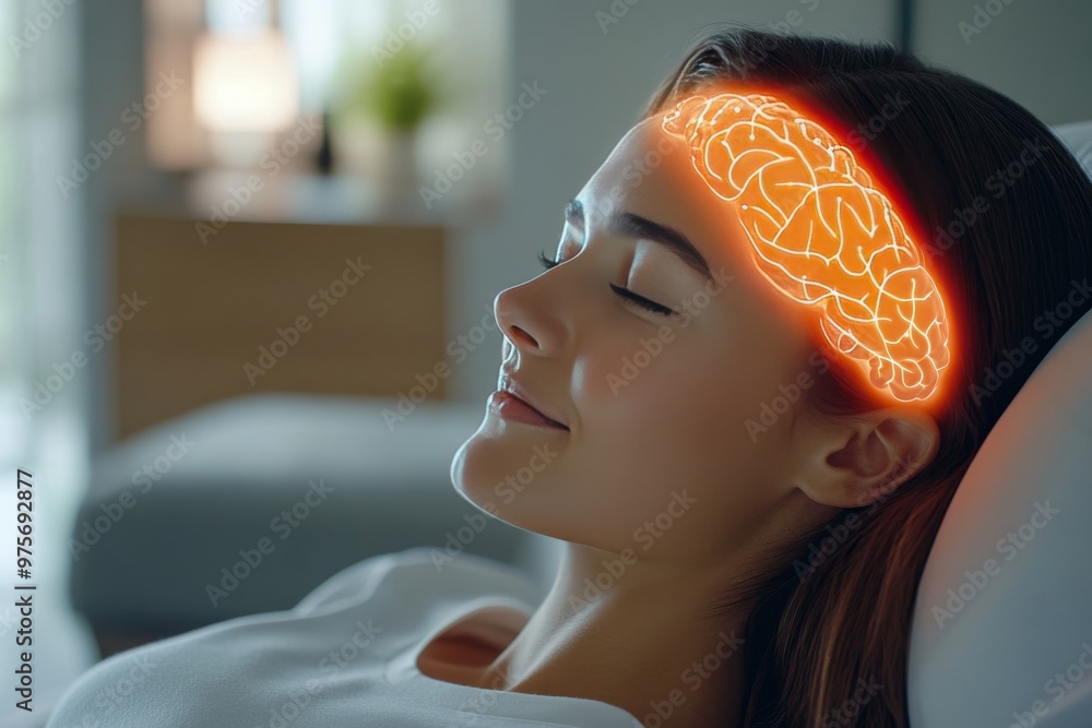 Poster a close up of a woman sleeping with glowing neural pathways illuminating her brain symbolizing rest 