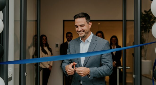 Man cutting a blue ribbon with scissors at a grand opening - Powered by Adobe