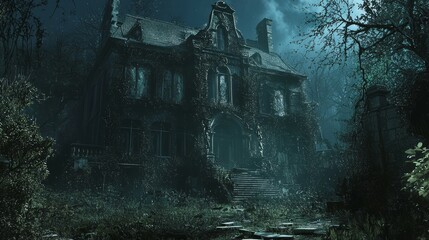 Mysterious Haunted Mansion: Moonlit Shadows and Overgrown Gardens