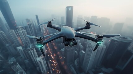 Naklejka premium Futuristic drone flying in the sky scrapers of the city