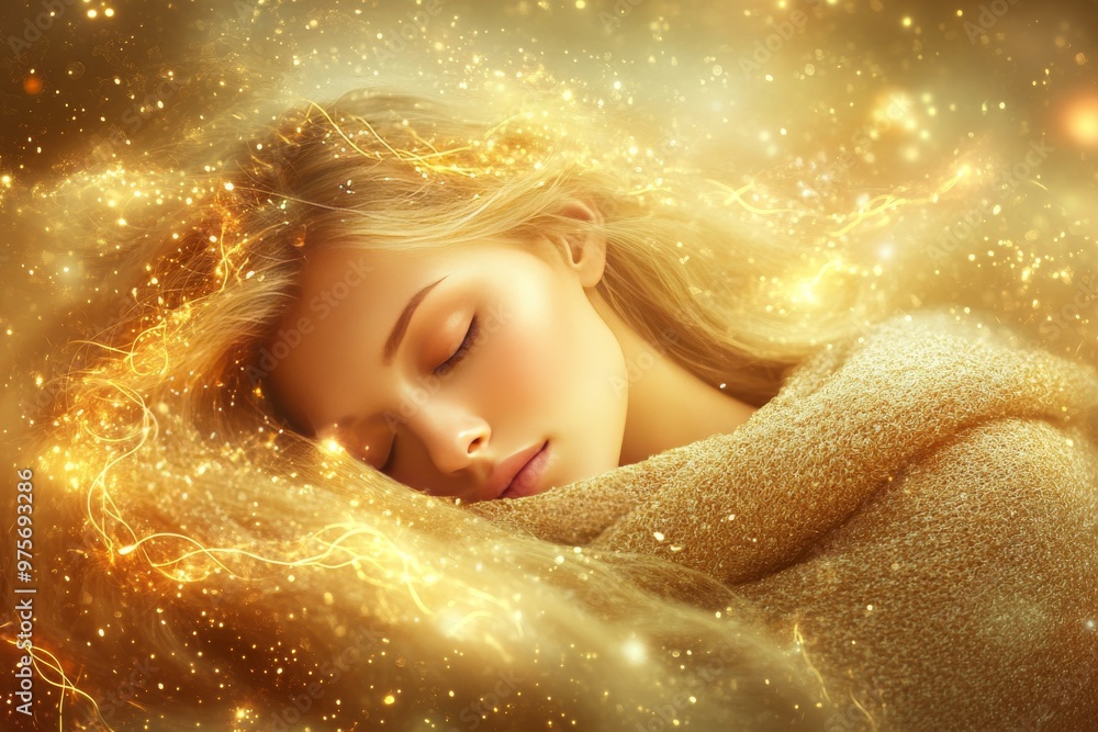 Poster a serene portrait of a woman bathed in soft golden light symbolizing peaceful sleep rest and a deep 