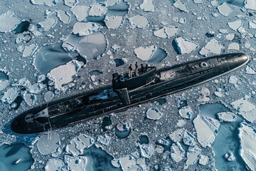 Fototapeta premium Atomic submarine in the Arctic. The surfacing of the submarine among the ice