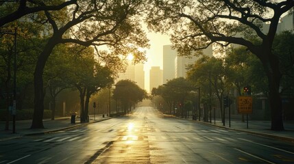 Tranquil Morning in a Corporate Cityscape with Shining Skyscrapers and Empty Streets