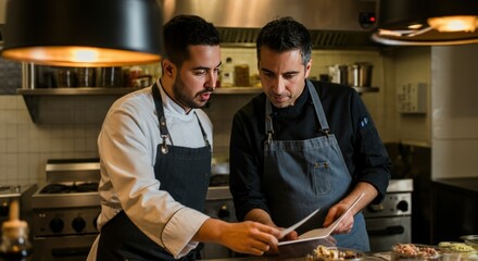 Two chefs in a kitchen reading a recipe together