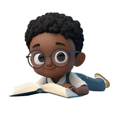 A young boy lays on the floor, engrossed in a book, showcasing curiosity and a love for reading under his playful demeanor.