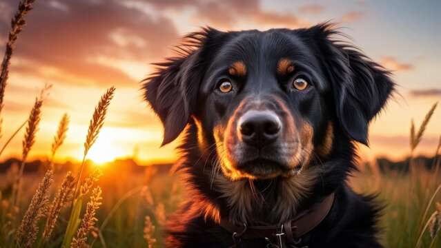 A black mutt at sunset in a meadow.