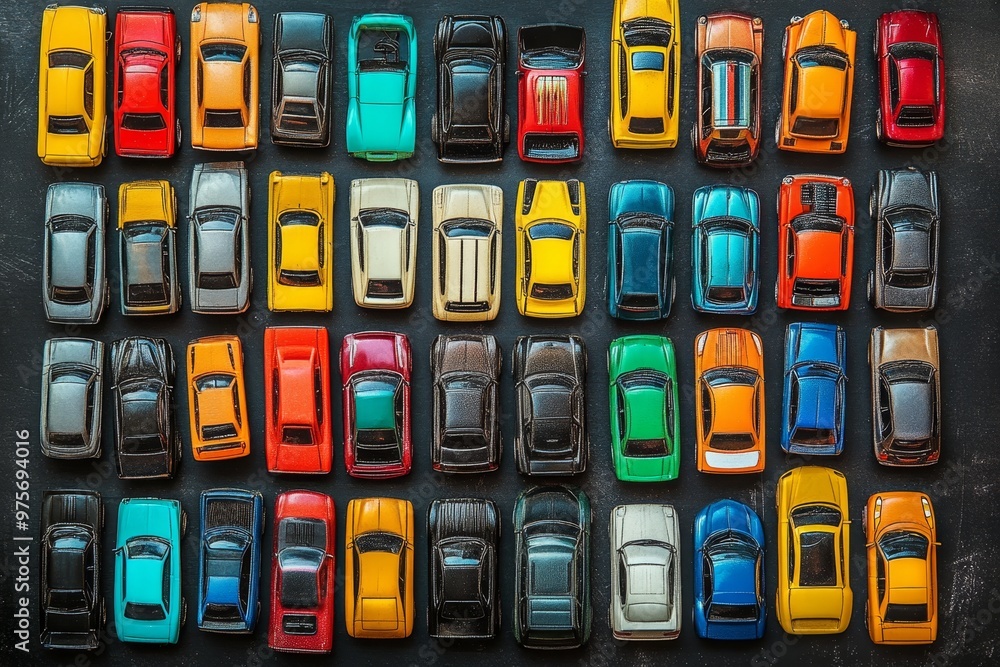 Poster a vibrant display of colorful toy cars in a grid pattern on a dark background showcasing designs