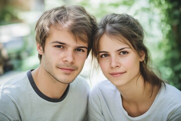 Fototapeta premium A close-up portrait of a young white couple wearing casual t-shirts, with a blurred background.