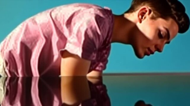 Narcissus in love with his own reflection in the water , narcissism concept	

