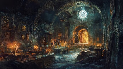 Enigmatic Dark Mage's Lair: Mysterious Ambiance of Arcane Symbols and Esoteric Artifacts Illuminated by Torchlight
