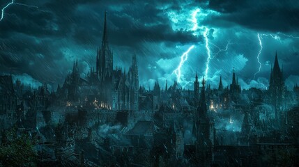 Dramatic Lightning Storm Over Medieval City Towers at Night