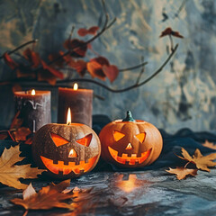 Halloween background with pumpkins candles and autumn