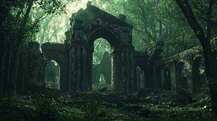 Lost Civilization: Enigmatic Ruins Swallowed by Nature's Embrace in Dark Forest
