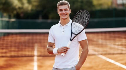 Man holding a tennis racket in a tennis court background