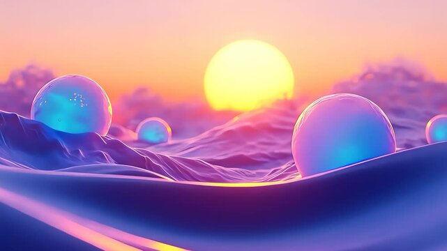 Surreal sunset landscape with reflective spheres, Dreamlike fantasy ocean scene with alien planets visualizer background
