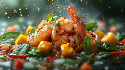 A Single Shrimp with a Slice of Mango, a Cube of Avocado, a Spinach Leaf, and a Strip of Red Bell Pepper, Drizzled with Lemon Juice and Olive Oil, Levitating Against a Soft, Neutral Background