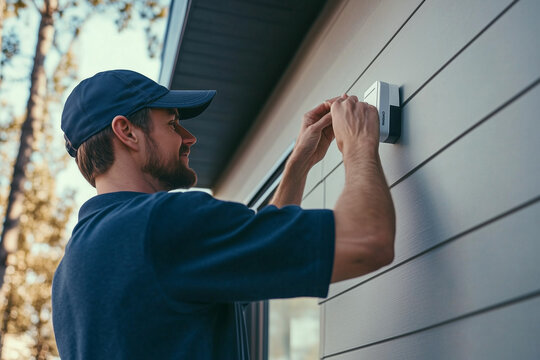 Professional technician installing a security camera on the exterior of a house during a home security system setup