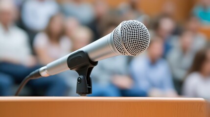 Close-up of a microphone on a podium with a blurred background of a corporate audience, perfect for conference advertising, deep depth of field