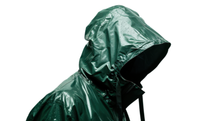 Men's green rain jacket on transparent background