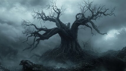 Enigmatic Dark Tree with Gnarled Branches in Eerie Foggy Atmosphere