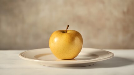 1. A single golden apple on a white plate