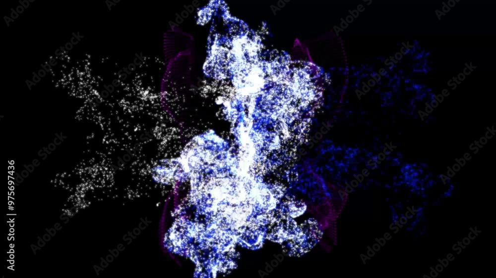Poster abstract fluid collision white and yellow animation on a black background. yellow and white particle