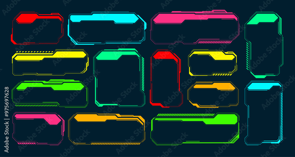 Poster futuristic hud or ui elements. sci-fi user interface text boxes, callouts. colorful warning message 