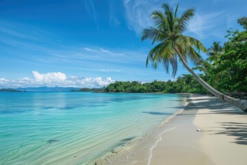 Fototapeta premium Tropical beach with crystal clear water, palm trees, and island in the background, representing idyllic vacation scene, Ai Generation